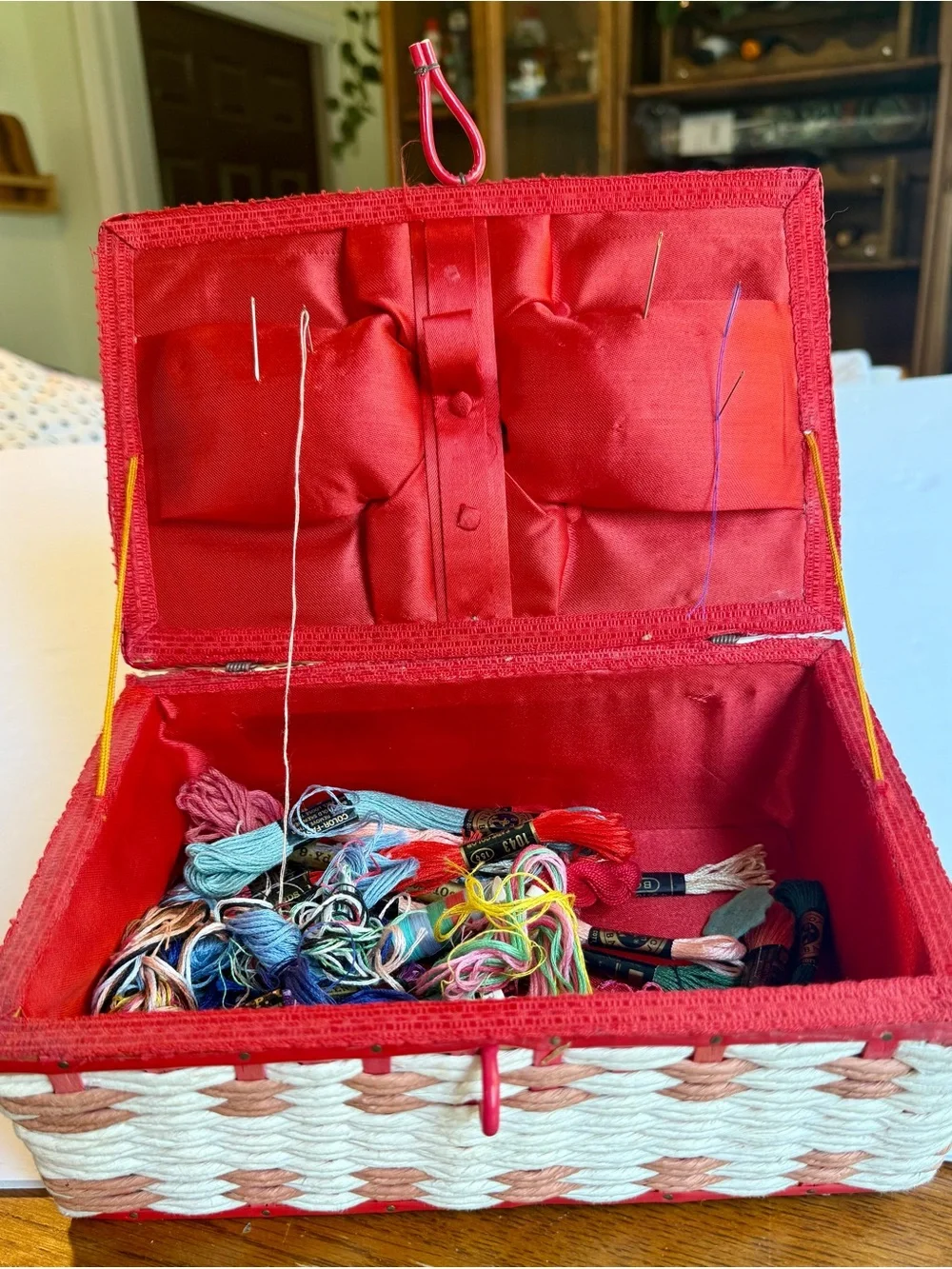 Vintage Red Woven Sewing Basket